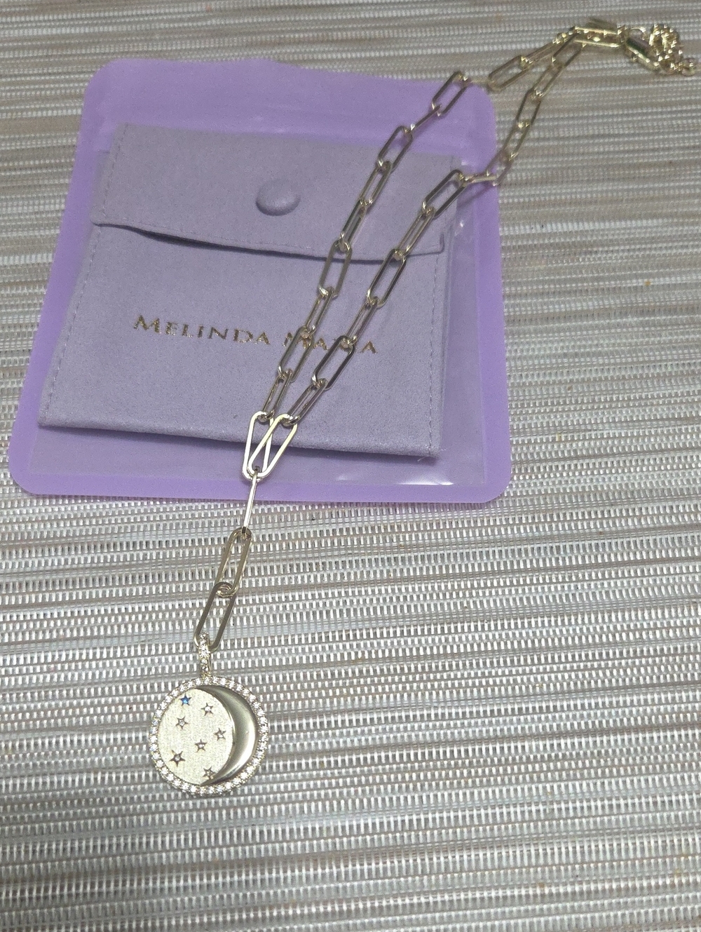 Melinda Maria You're a Star Lariat Gold Blue Sapphire Paper Clip Moon Necklace - Picture 4 of 4